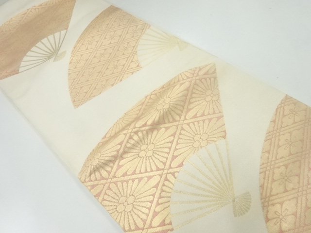JAPANESE KIMONO / ANTIQUE FUKURO OBI / SILK / WOVEN FOLDING FAN & FLORAL RHOMBUS